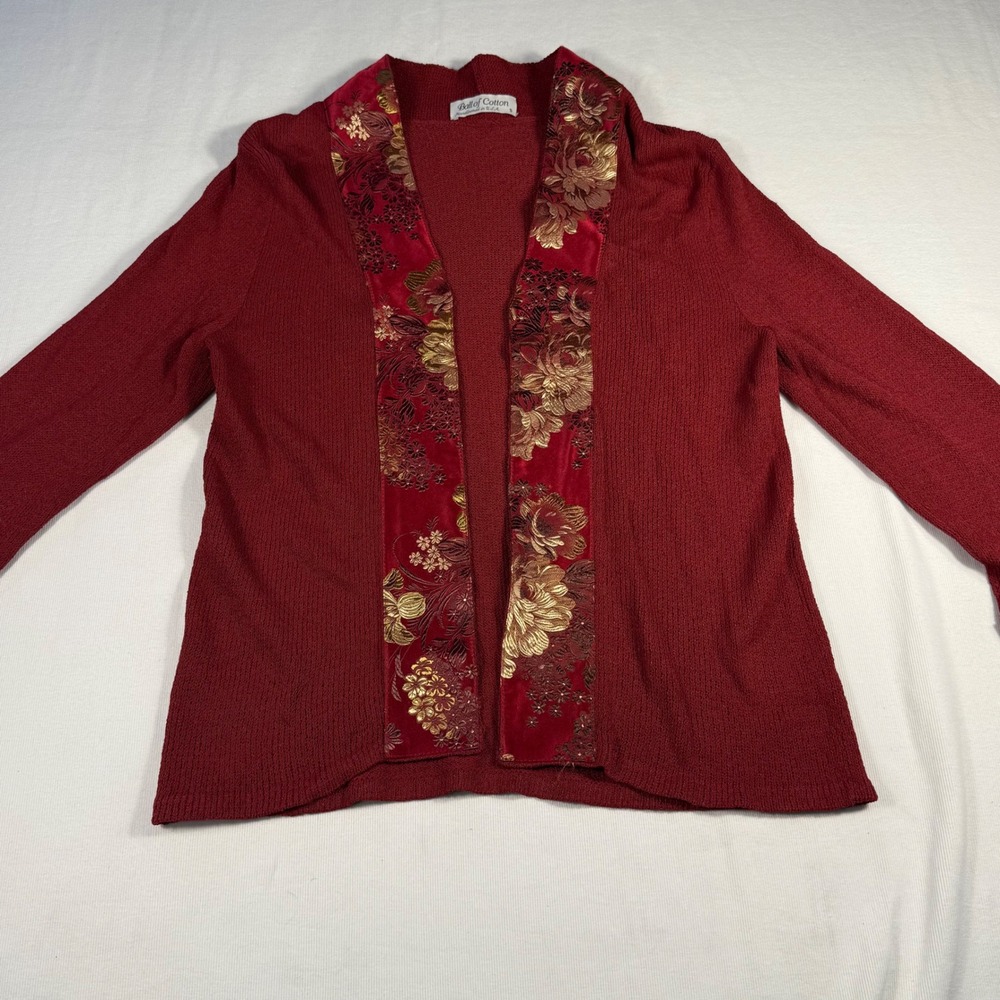 Ball of Cotton Red Textured Knit Cardigan with Floral Brocade Trim Women's S - Picture 4 of 16
